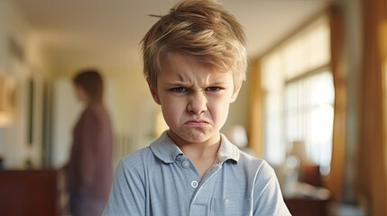 Young Boy Expressing Displeasure, Home Setting - obrazy, fototapety, plakaty