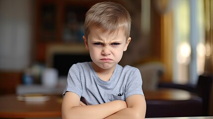 Child's Grumpy Expression in Home Setting - obrazy, fototapety, plakaty