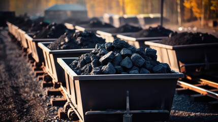 Open containers with coal on railroad tracks. Mining and Transportation of coal, solid fuel for heating houses and fireplaces.  - obrazy, fototapety, plakaty