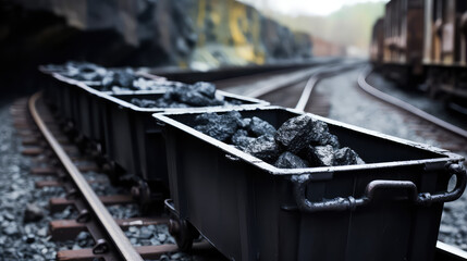 Open containers with coal on railroad tracks. Mining and Transportation of coal, solid fuel for heating houses and fireplaces. 