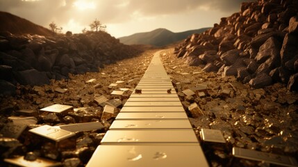 Investments, enrichment, path to wealth concept with golden yellow gold brick road. Golden path leading to success and wealth - obrazy, fototapety, plakaty