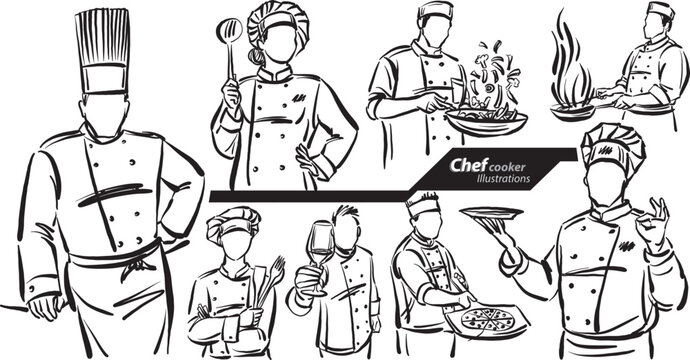 Chef cooker profession work doodle design drawing vector illustration