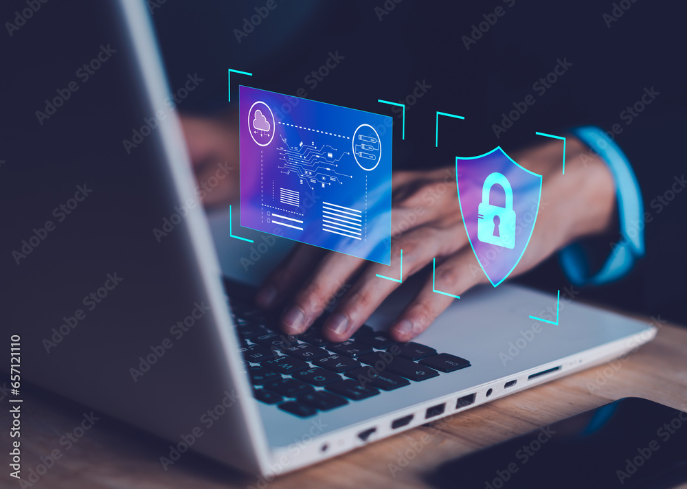 Poster cyber security and cybercrime. system hacked with master key lock on laptop, notebook. cyber attack 