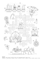 Crossword puzzle. Christmas theme. Game and Coloring page. French language. Vector illustration.