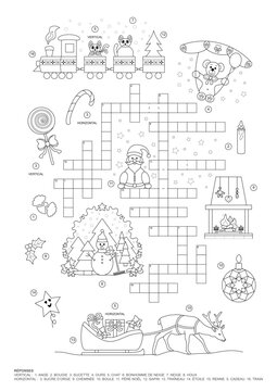 Crossword puzzle. Christmas theme. Game and Coloring page. French language. Vector illustration.