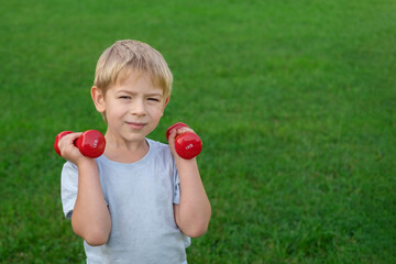 Fototapeta na wymiar Sporty little boy lifting dumbbells on a green lawn. Joyful toddler doing exercise against nature background outdoors. Happy Child holding red dumbbells, looking at camera. Sport for kids concept.