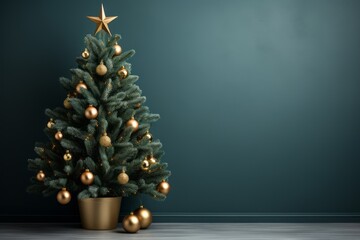 Christmas tree with golden ornaments and star on the top on green background - obrazy, fototapety, plakaty