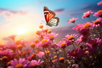 Butterfly on pink daisy flower at sunset sky background.