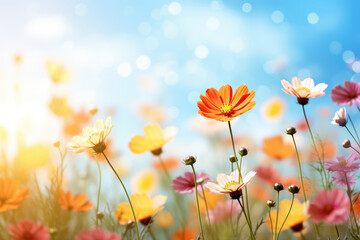 Colorful cosmos flowers blooming in meadow with bokeh background