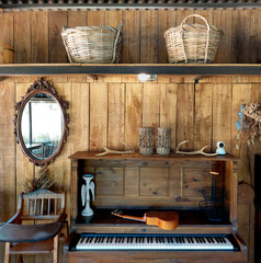 Series of interior vintage accessories and decoration, and other antique collections inside a barn...