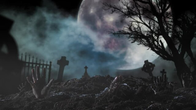 4k video background. Graveyard filled with tombstones. Zombie hands raising from under the ground. The walking dead, halloween holidays, spooky season.