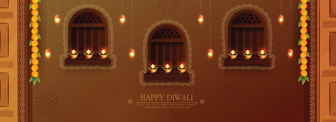 Creative illustration greeting card of diwali festival realistic oil lamp on decorative background for Diwali celebration. 
