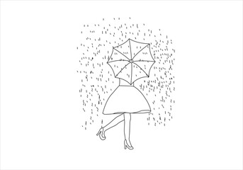 Illustration of a girl Under an umbrella on a rainy day. line drawing vector.