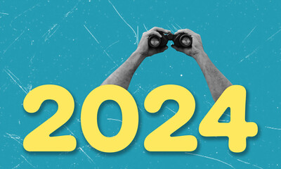 Modern art collage with hand-holding binoculars on a blue background and 2024 numbers. Concept of goals for the new year 2024, goal setting and plans.