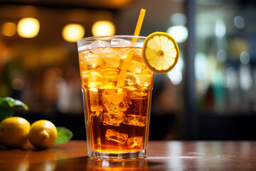 a glass of fresh iced tea in a plastic cup - obrazy, fototapety, plakaty