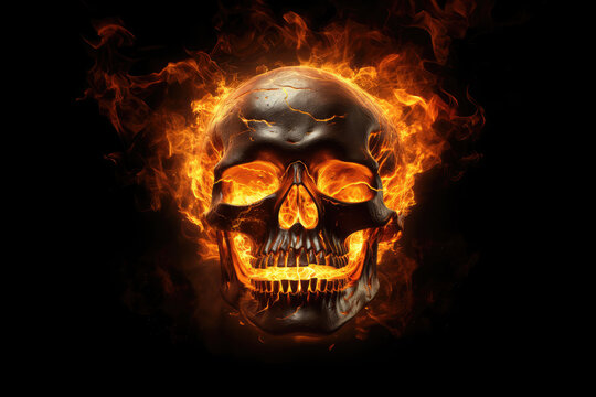Burning skull on black background. 