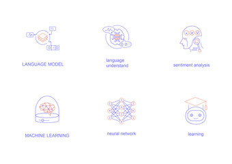 Fototapeta premium Large Language Model Icon Set. Vector Line Icons for AI Concepts. AI language model icon, Natural language processing icon, Text generation icon, Deep learning icon, and Machine learning icon.