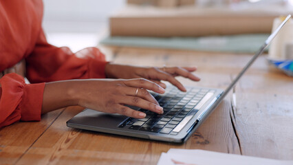 Closeup, business and woman with a laptop, typing and connection with planning, network and...