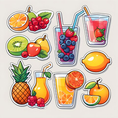 Cute 2d mixed fruit stickers, vector illustration