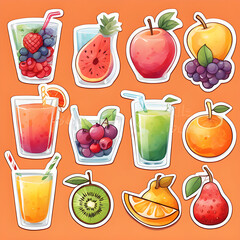 Cute 2d mixed fruit stickers, vector illustration
