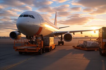 Commercial cargo air freight airplane loaded at airport in the evening - obrazy, fototapety, plakaty