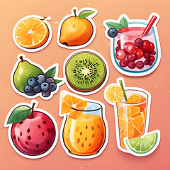 Cute 2d mixed fruit stickers, vector illustration