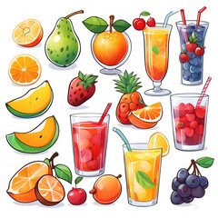 Cute 2d mixed fruit stickers, vector illustration
