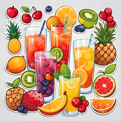 Cute 2d mixed fruit stickers, vector illustration