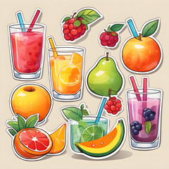 Cute 2d mixed fruit stickers, vector illustration