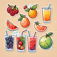 Cute 2d mixed fruit stickers, vector illustration