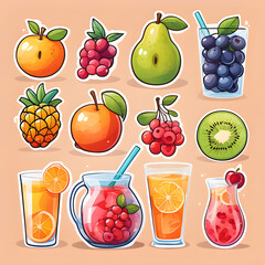 Cute 2d mixed fruit stickers, vector illustration