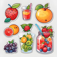 Cute 2d mixed fruit stickers, vector illustration