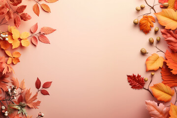 Colorful autumn Leaves on a red and pink background with copy space