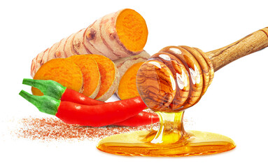 cayenne pepper, turmeric and honey dripping from dipper isolated on white