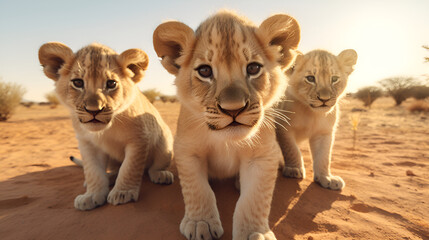 3 lion cubs in the desert A Family of Lion Cubs Thriving Amidst the Harsh Beauty of the Desert Lion Cubs Wildlife, African Wildlife, Africa, Desert Landscape, Desert Animals, generative with ai
 - Powered by Adobe