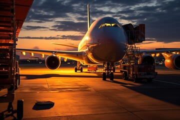 Front view of cargo plane loading at airport terminal. - obrazy, fototapety, plakaty