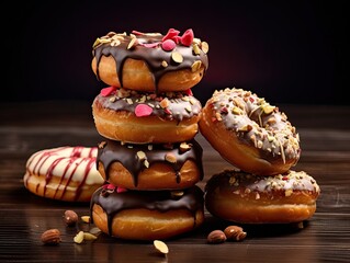 Donuts with chocolate, sugar glaze and sprinkles, sweet dessert, ai generated