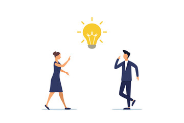Effective communication for brainstorming and coming up with a solution concept, businessman and female colleague talking with light bulb idea. Illustration