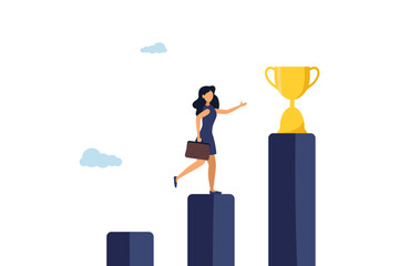 Obraz premium Business woman steps towards the trophy. Career development. Achieving the goal. Illustration