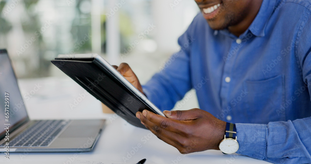 Poster business hands, tablet and office research for stock market trading, software management and online 