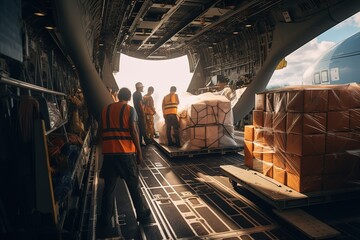 Loading of goods on board a cargo plane, airport. - obrazy, fototapety, plakaty