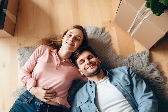 Above close up view of a happy couple relaxing on the floor after buying their first home with moving boxes, winter daylight in Finland