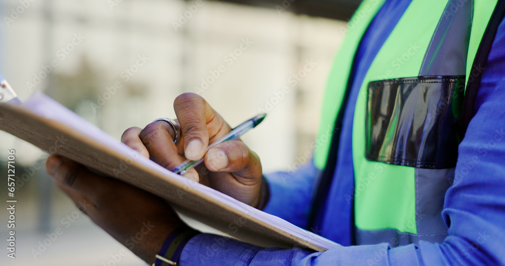Poster hands, clipboard and person in construction, writing and inspection, architect or contractor at main