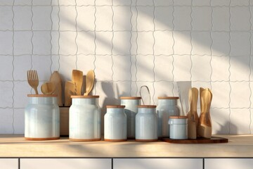 Front view kitchen with marble kitchen countertop and various jars, carafe and wooden spoon sets on it under warm morning sunshine, alternating white tiled wall, 3d, Generative AI