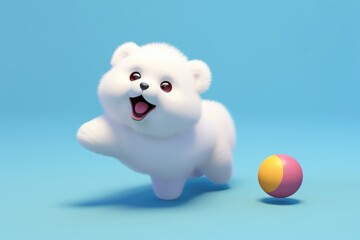 Cute fluffy white kawaii puppy with tongue sticking out of his mouth and big smile on his face runs catching yellow-red ball. funny cartoon dog in minimal art style on blue, Generative AI