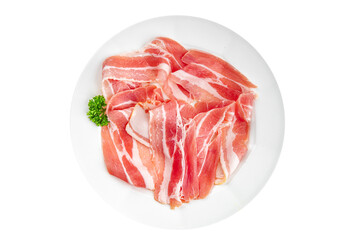 bacon slice fresh smoked meat eating cooking appetizer meal food snack on the table copy space food background rustic top view