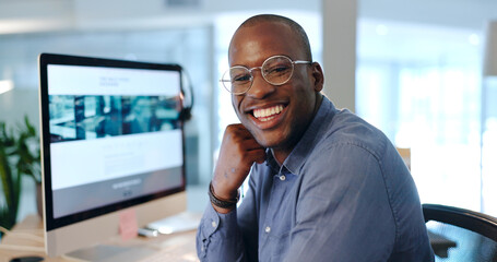 African man, portrait and computer in office at investing agency with smile for pride, finance or...