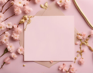 Bright feminine spring stationery mockup scene with a handmade paper greeting card. With copy space for your text. Generative Ai