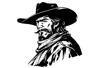 Cowboy sheriff bust or head on hat in engraving style. Hand drawn ink sketch. Vector illustration