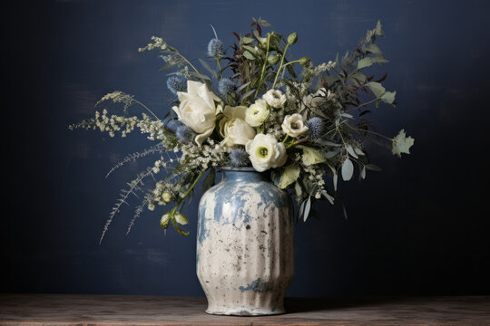 Arrangement of flowers in a vase made of white ceramic and has a distressed finish in shades of blue and gray, white roses and blue thistles, accompanied by some greenery, dark blue background